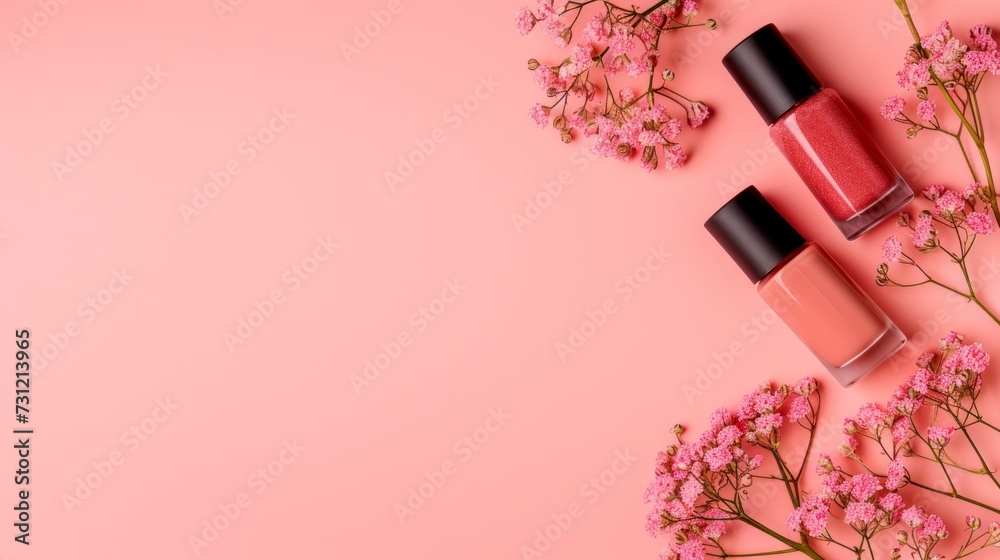 retro style, retro palette of nail polish bottles with small flowers, with empty copy space for text, on pastel backgrounds - obrazy, fototapety, plakaty 