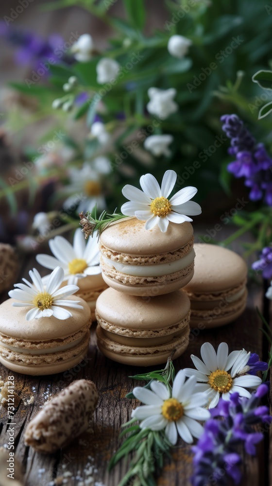 Handmade macaroons showcased on a wooden background. Macaroons in organic setting, copy space for text, mockup scene Handmade macaroons showcased on a wooden background. Macaroons in organic setting, copy space for text, mockup scene