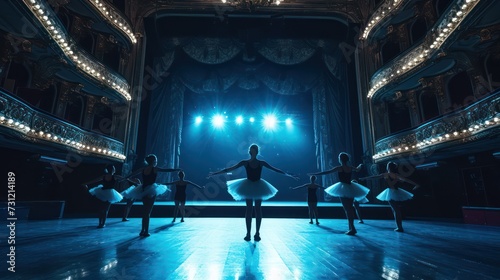 Ballet dancers rehearsing on stage in empty theater photo