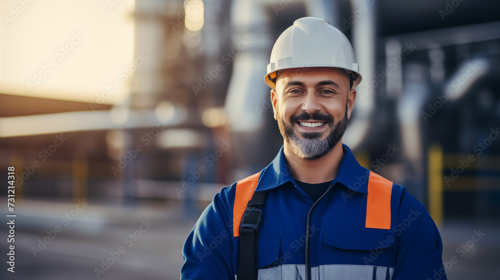 Portrait of happy engineer at oil refinery wearing construction helmet and vest Portrait of happy engineer at oil refinery wearing construction helmet and vest