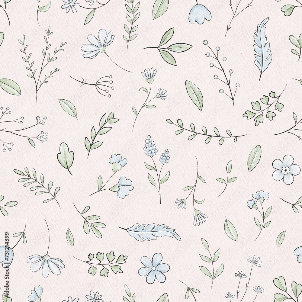 Seamless pattern with varied simple small flowers, plants and leaves on pink paper texture background. Watercolor hand drawn illustration Seamless pattern with varied simple small flowers, plants and leaves on pink paper texture background. Watercolor hand drawn illustration