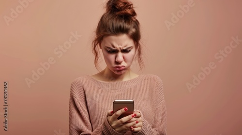  A young woman appears angry while looking at her phone screen, presumably reading upsetting news in an email.
