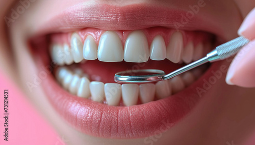 Macro shot of a dental mirror inspecting pristine white teeth, emphasizing dental hygiene and care against a pink backdrop.