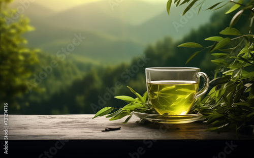 Glass cup of hot green tea on rock on nature background with leaves
