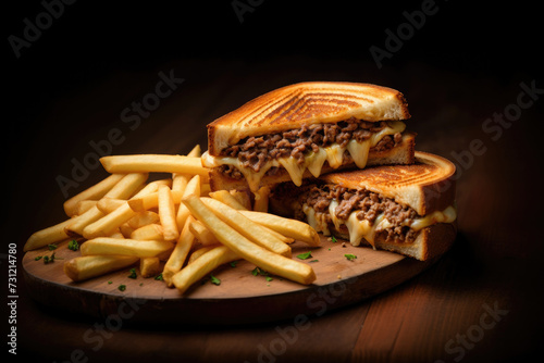 Delicious Patty Melt and French Fries on a Wooden Table © JJAVA