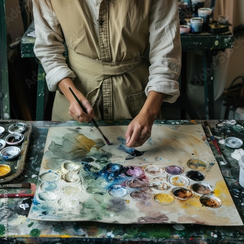  A painter mixing paints with a brush on a watercolor palette while working in an art studio.