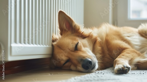 
The dog is sleeping by a white radiator in the living room. photo