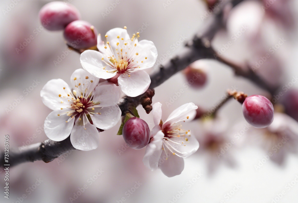 Blooming plum tree flowers isolated on white background
