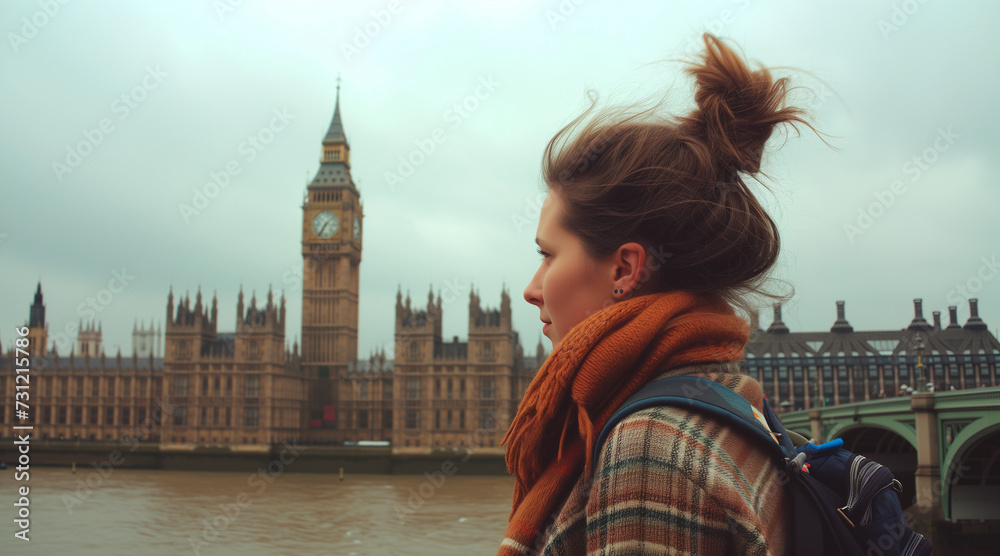 Obraz premium A female travelling looking Big Ben and The Houses of Parliament in London
