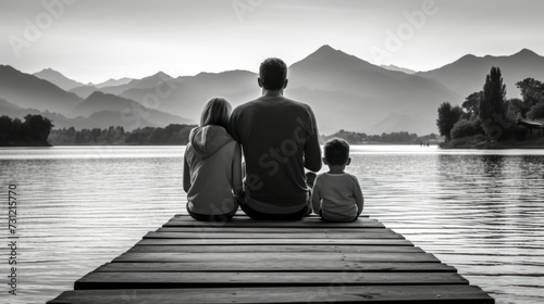 The beautiful family sits by the lake from the pier, against the backdrop of the mountain