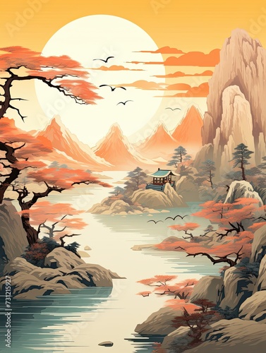 Wallpaper landscape chinese painting style . Asian traditional culture illustration drawing. 