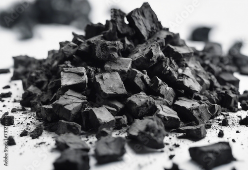 Charcoal chunks pile isolated on white background