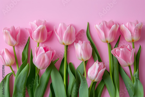 pink tulips on pink background with white space in