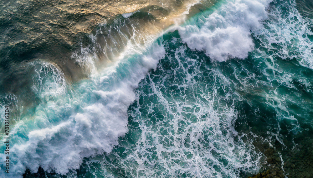 Aerial view of turbulent sea waves crashing, conveying power and intensity