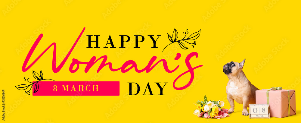 Fototapeta premium Greeting banner for Women's Day with cute dog, flowers, calendar and gift