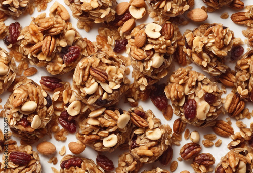 Crunchy granola muesli pile with nuts isolated on white background top view