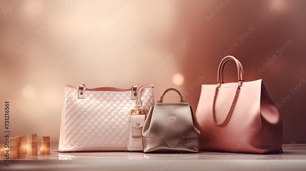 Assortment of high-end designer handbags on display with soft lighting - obrazy, fototapety, plakaty 