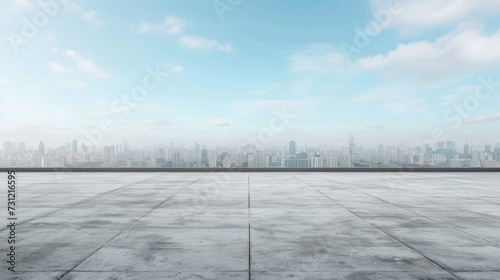 Concrete floor or slab, concept of car sale, auto, automobile, automotive  empty space or area in showroom, shop or store. Background design with blue sky and urban city for product display  photo