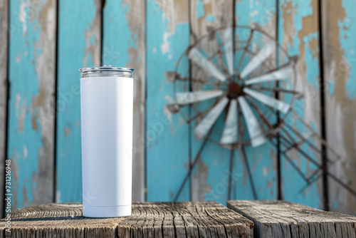 Closeup of a white color 20oz Straight Skinny Tumbler includes lid on table with old warehouse background, Tumbler Mockup
