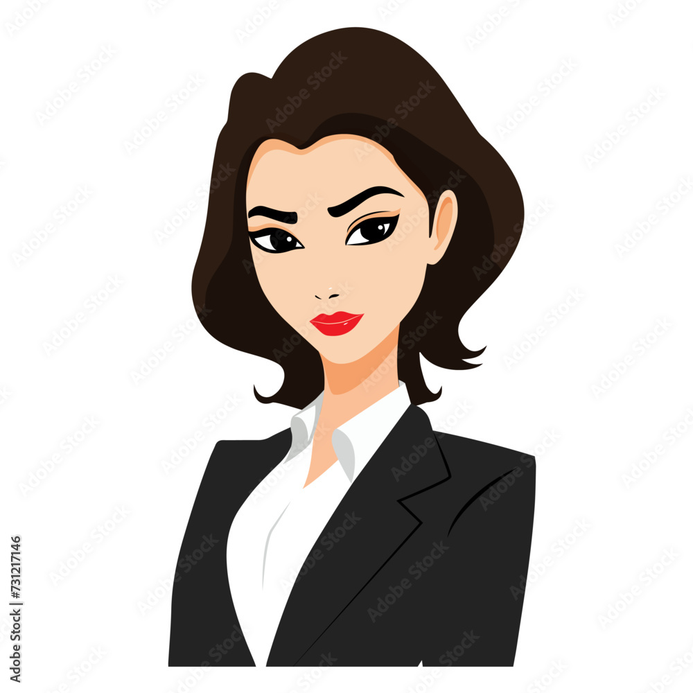 Portrait of a businesswoman in black jacket. Beautiful girl. Flat vector illustration on a white background. The average plan. Financial Advisor. Portrait of a businesswoman in black jacket. Beautiful girl. Flat vector illustration on a white background. The average plan. Financial Advisor.
