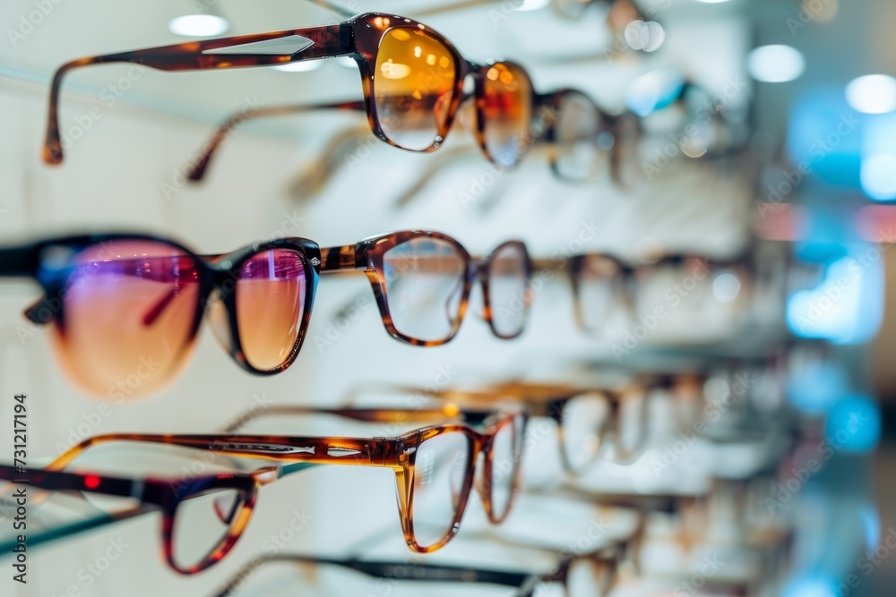 Detailed Look At A Showcase Filled With Fashionable Prescription Glasses - obrazy, fototapety, plakaty 