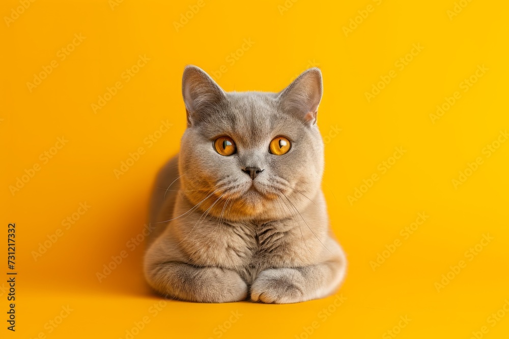 Stunning British Shorthair Cat Captured Against Vibrant Yellow Background, Perfect For Adding Text