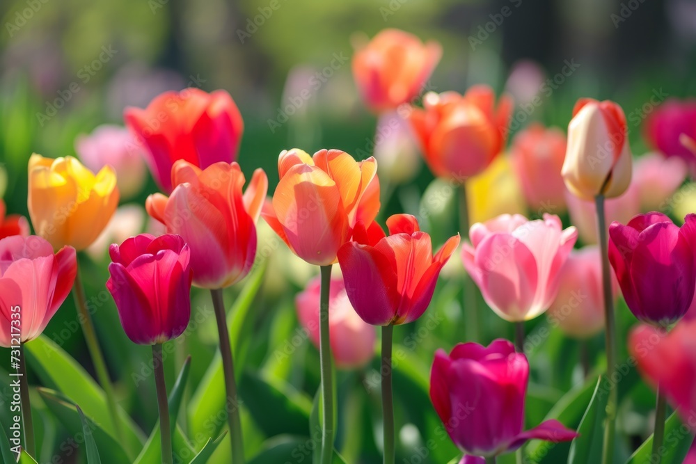 Radiant Spring Garden: Vibrant Tulips Swaying In The Breeze