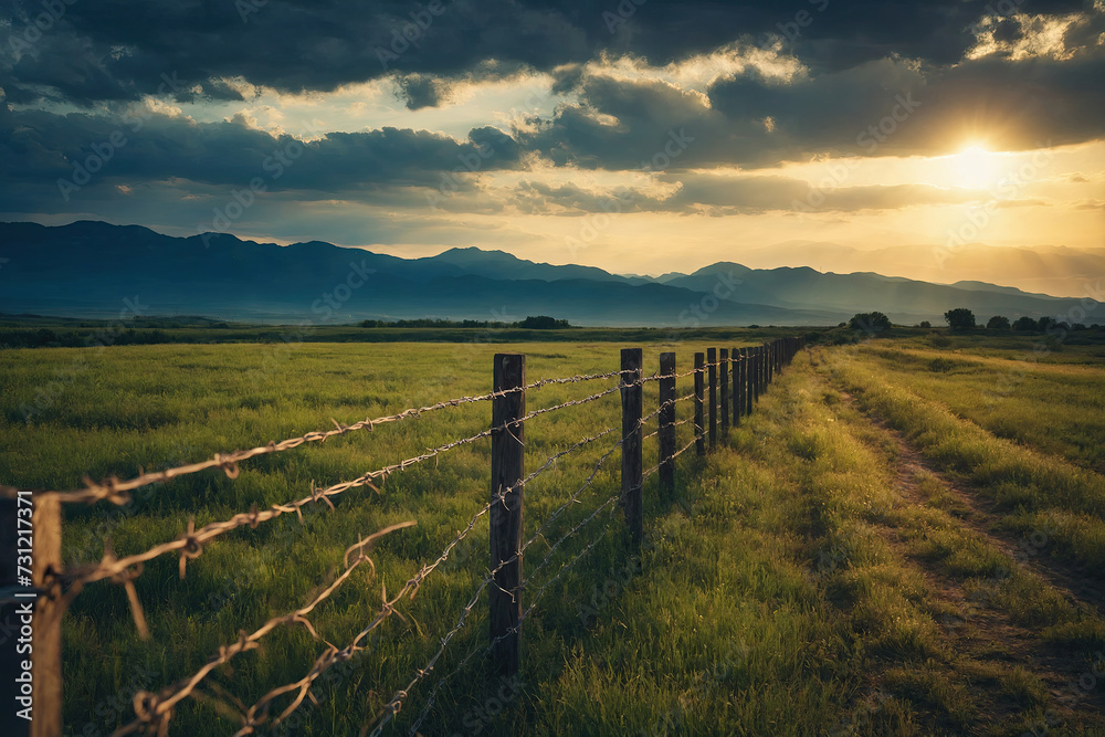 Barbed wire fence at dawn, grass field, pasture.