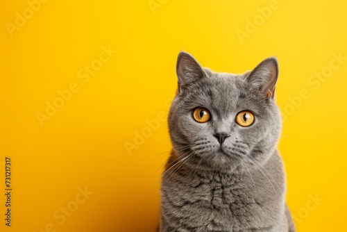 British Shorthair Cat Posing On Vibrant Yellow Background, Great For Text
