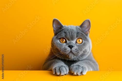 Stylish British Shorthair Cat Showcasing On A Captivating Yellow Background, Perfect For Adding Text