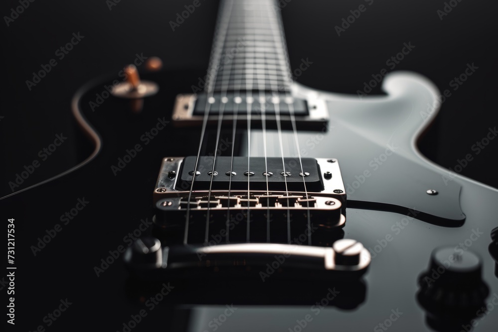 Closeup Of Sleek, Black Czaran Electric Guitar On Black Background Closeup Of Sleek, Black Czaran Electric Guitar On Black Background