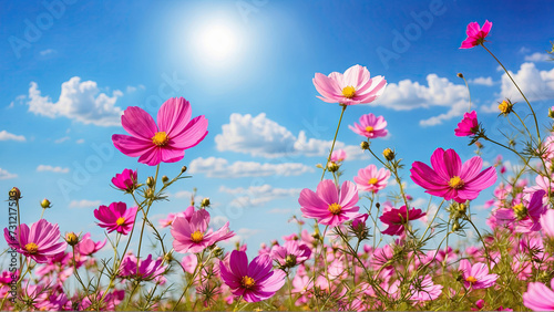 Close-up of pink cosmos flowers on a field. © Oleksandr