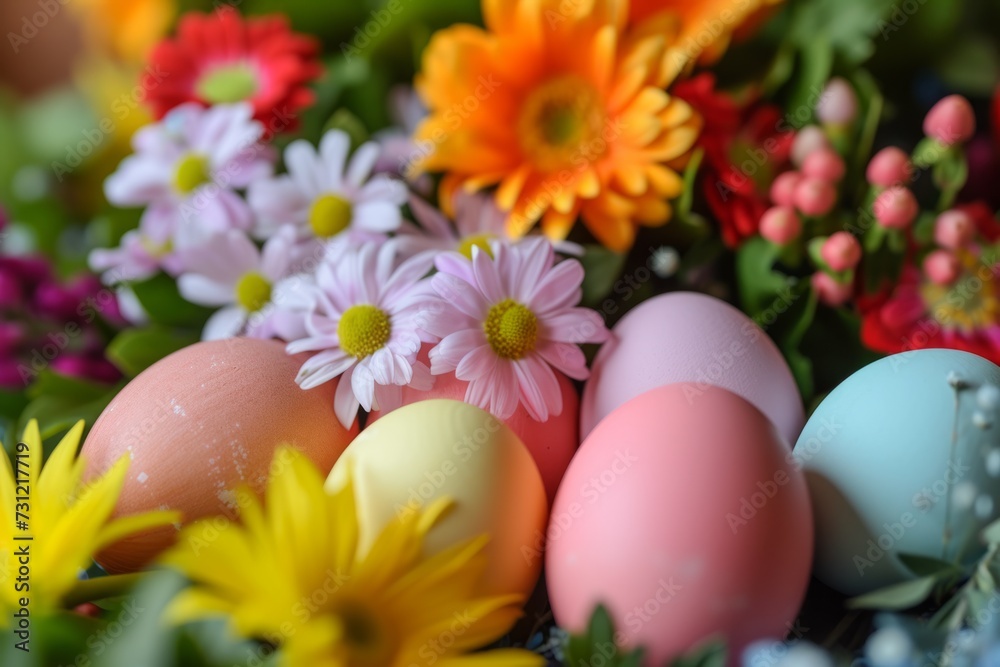 Vibrant Easter Eggs Surrounded By Fresh Floral Arrangement