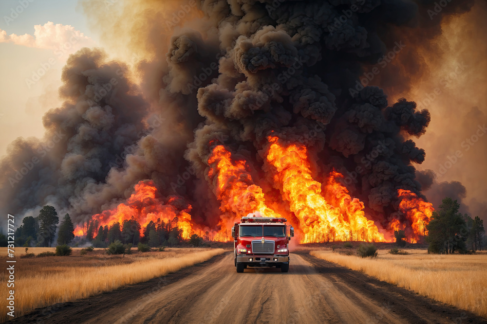Terrible wild huge fire on the horizon and a fire truck. Fire truck against a background of flames and smoke. Heavy fire.
Terrible wild huge fire on the horizon and a fire truck. Fire truck against a background of flames and smoke. Heavy fire.