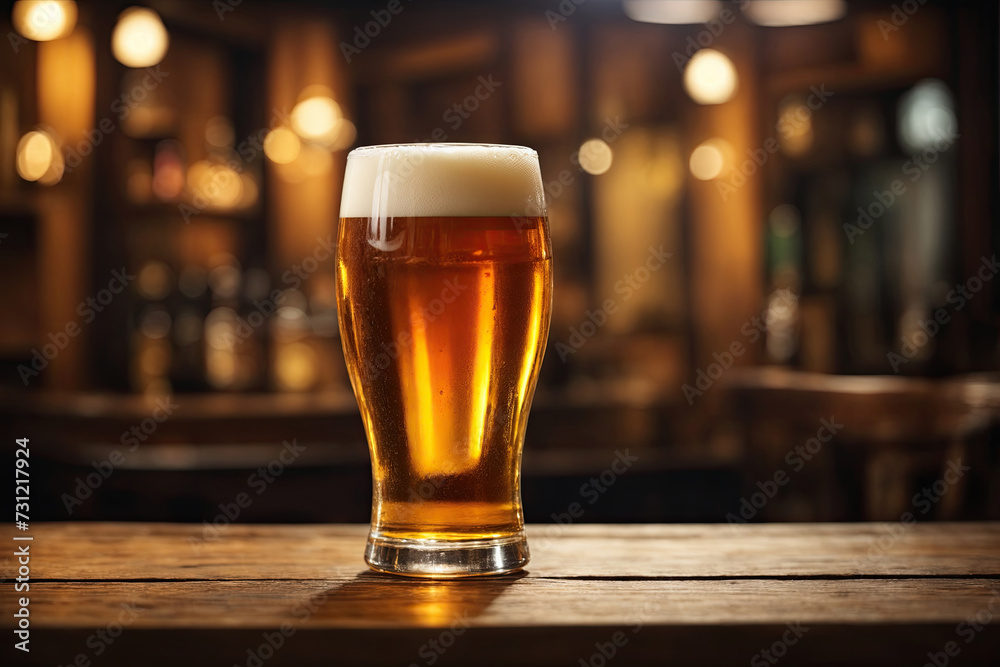 A glass of beer on the bar counter. A glass of beer on the bar counter.