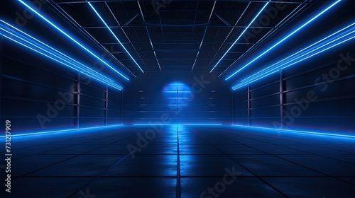 Dark garage background, perspective view of warehouse in with led neon blue lighting. Modern design of large empty room, abstract space interior. Concept of show, industry, studio photo