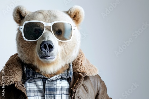 Cool Looking Bear In Fashionable Clothes On White With Copy Of The Space © Anastasiia