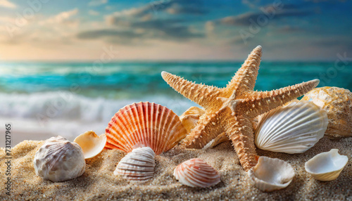 Seashells and starfish on sandy beach by ocean  serene backdrop for relaxation or coastal themes