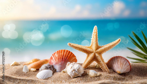 Seashells and starfish on sandy beach by ocean, serene backdrop for relaxation or coastal themes