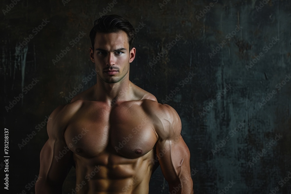 Portrait of a muscular man with a serious expression against a dark textured background.