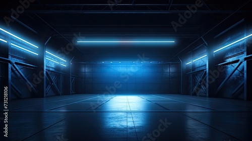 Dark garage background, perspective view of warehouse in with led neon blue lighting. Modern design of large empty room, abstract space interior. Concept of show, industry, studio © Ilmi
