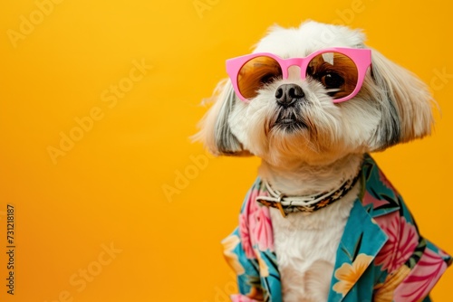Cool Looking Dog In Fashionable Clothes On Yellow With Copy Of The Space © Anastasiia