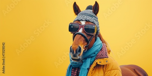 Fashionably Dressed Horse In Yellow Background With Space-Themed Copy