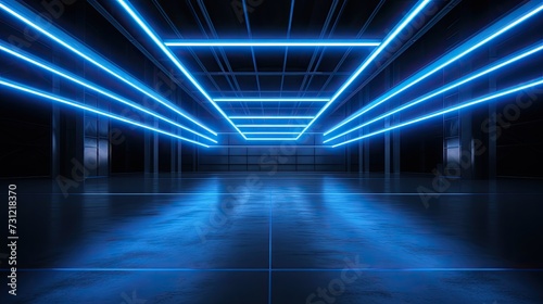 Dark garage background, perspective view of warehouse in with led neon blue lighting. Modern design of large empty room, abstract space interior. Concept of show, industry, studio © Ilmi