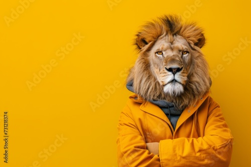 Stylishly Dressed Lion On Yellow Background With Cosmic Background