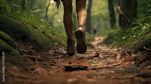 Close up of female hiker feet walking on forest trail