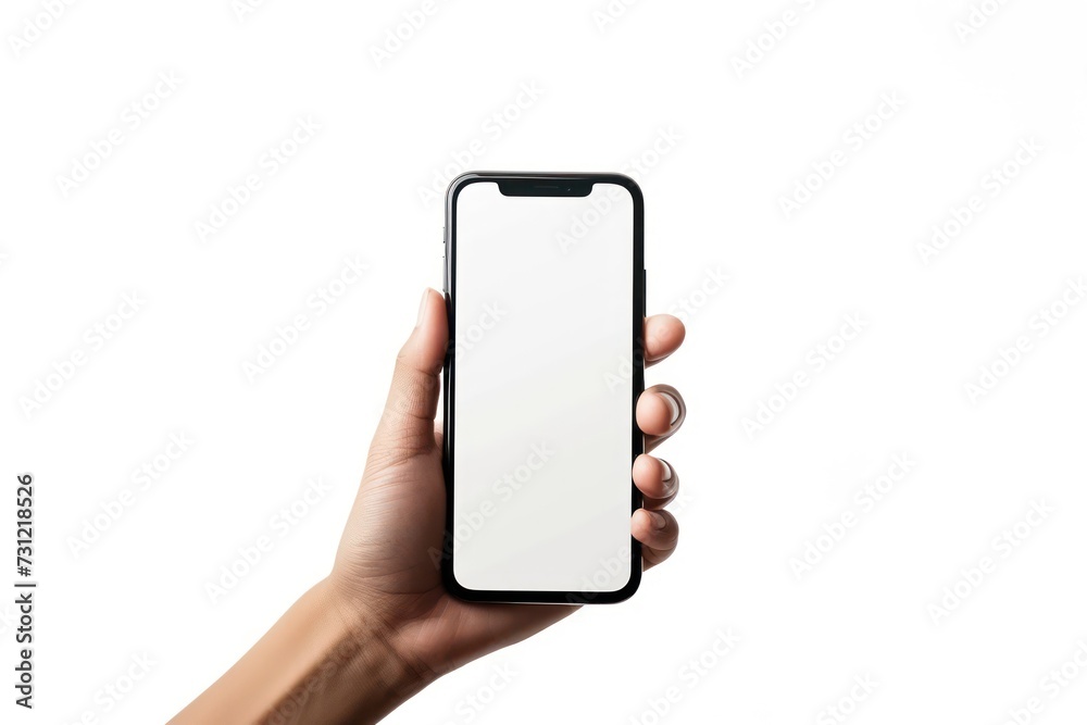 hand holds a phone with a white screen, isolated on a white background. Smartphone mockup hand holds a phone with a white screen, isolated on a white background. Smartphone mockup
