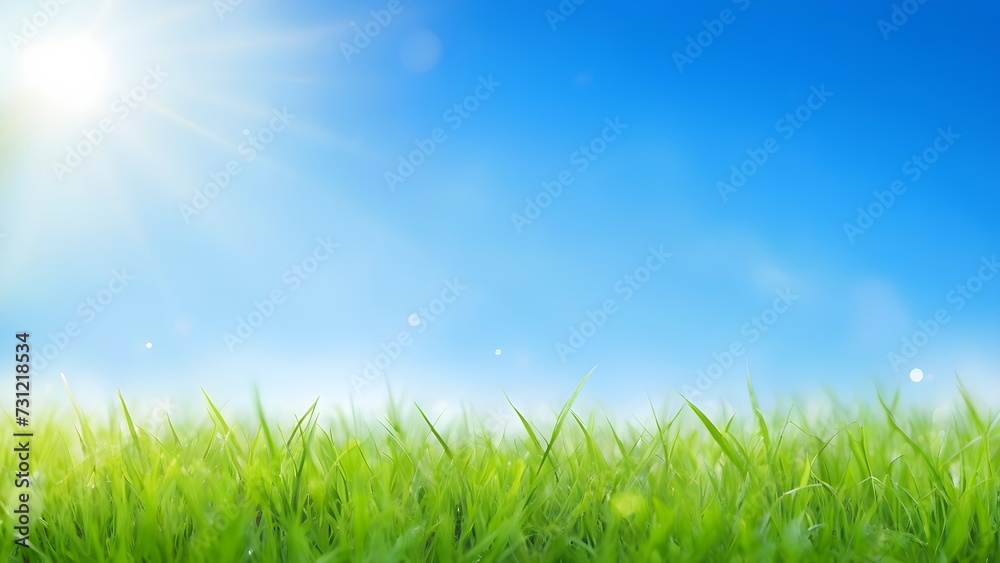 Lush Green Grass Field Under a Clear Blue Sky on a Sunny Day