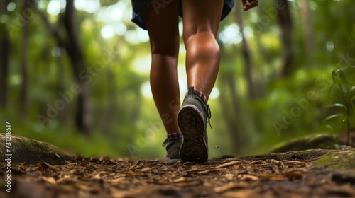 Close up of female hiker feet walking on forest trail