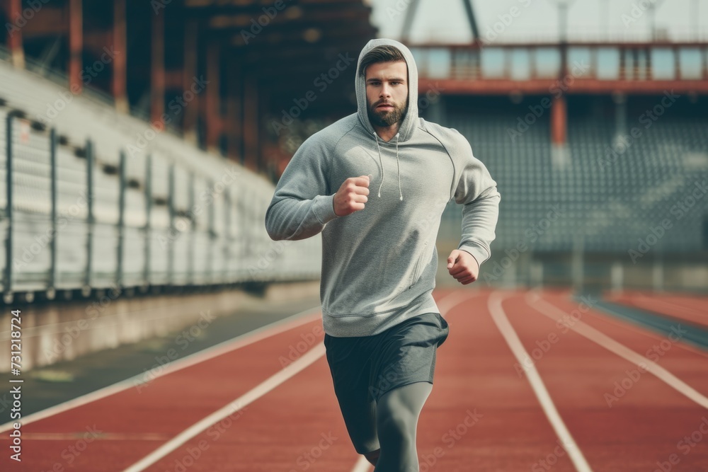 Fit Man In Grey Hoodie Jogging Outdoors, Improving Cardio At Sports Stadium